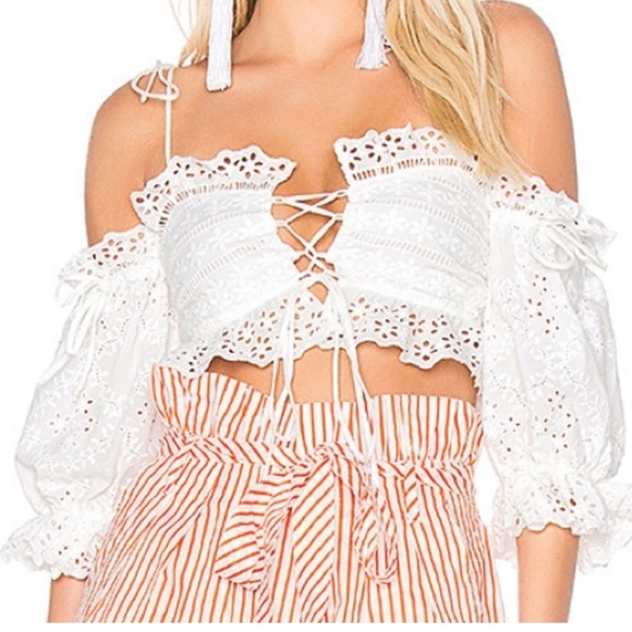 For Love & Lemons Anabelle Eyelet Crop Top White - Picture 2 of 5